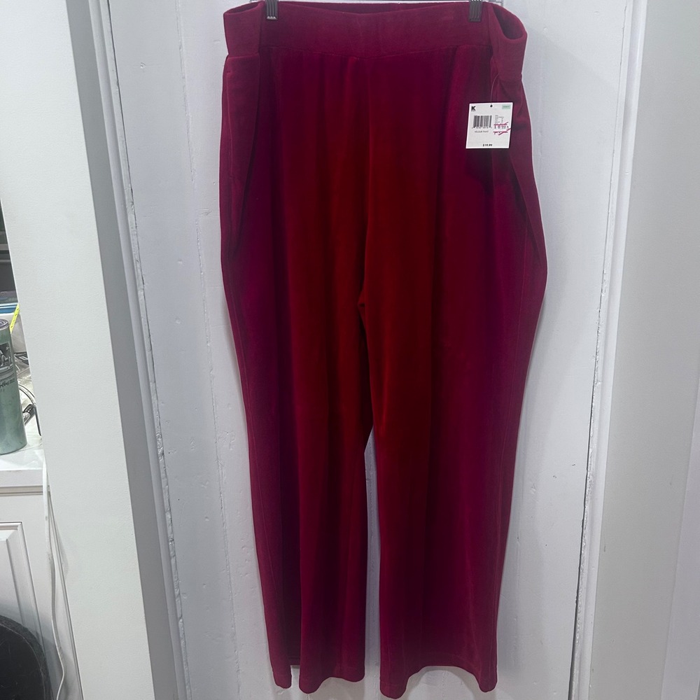 Basic Editions Woman Red Velour Wide Leg Pants Elastic Waist Pockets 2X NEW